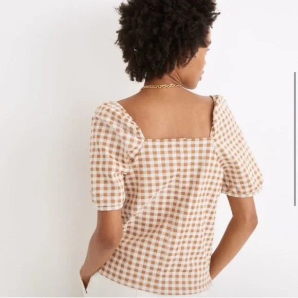 Madewell Gingham Jacquard Square Neck Puff Sleeve Top| Trendy Preppy Business - Picture 3 of 6